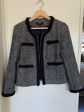 J. Crew women’s 6 Glen Plaid Black & White Tweed Jacket with Metallic Trim Chic